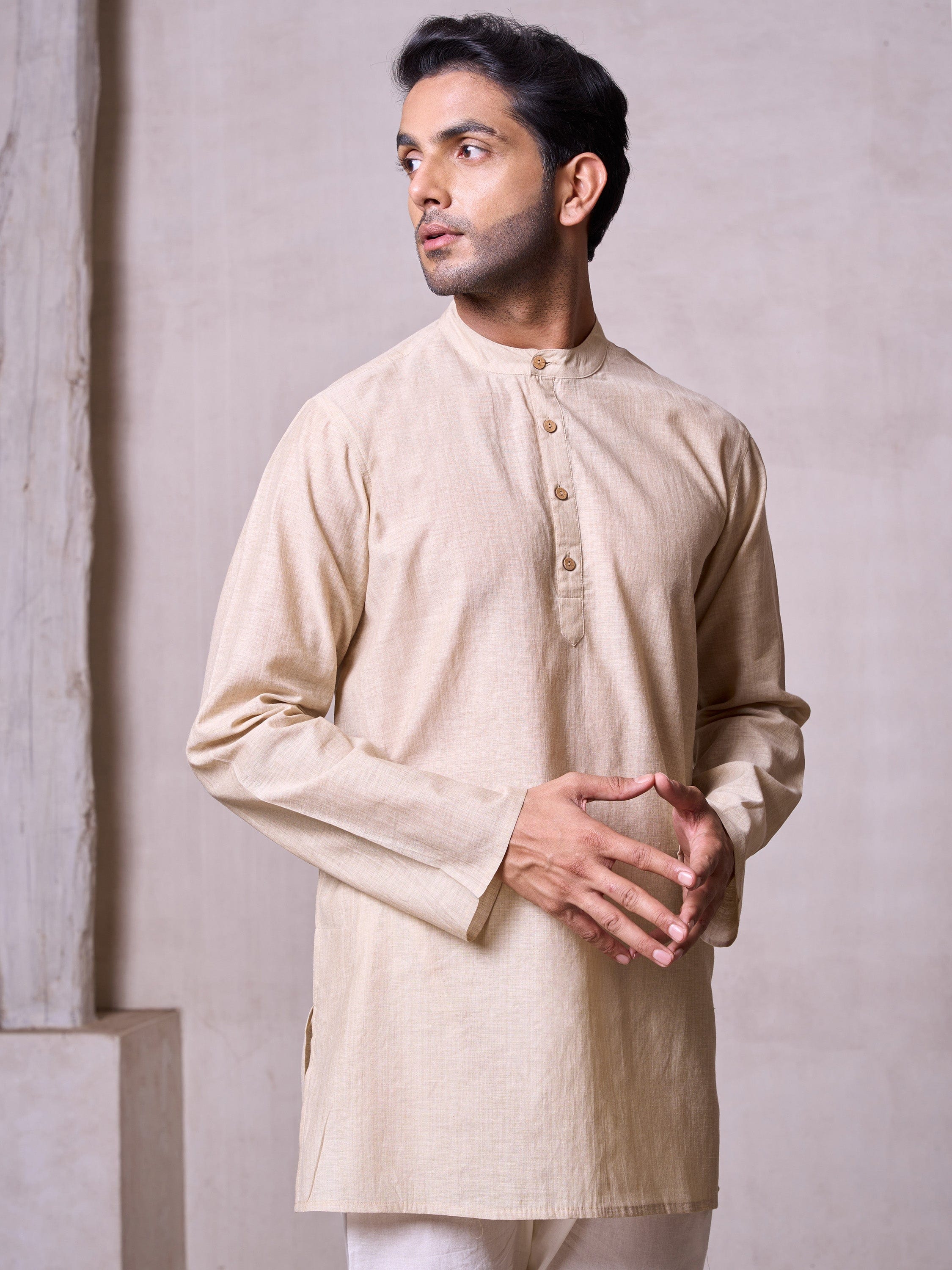 Plain Short Stitched Kurta Men's Stitched Short Kurta Men's Khaki Silk Linen Short Kurta