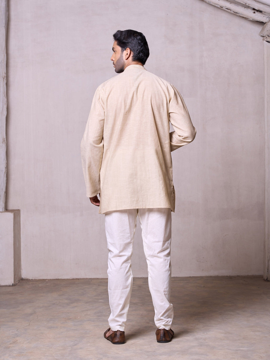 Plain Short Stitched Kurta Men's Stitched Short Kurta Men's Khaki Silk Linen Short Kurta
