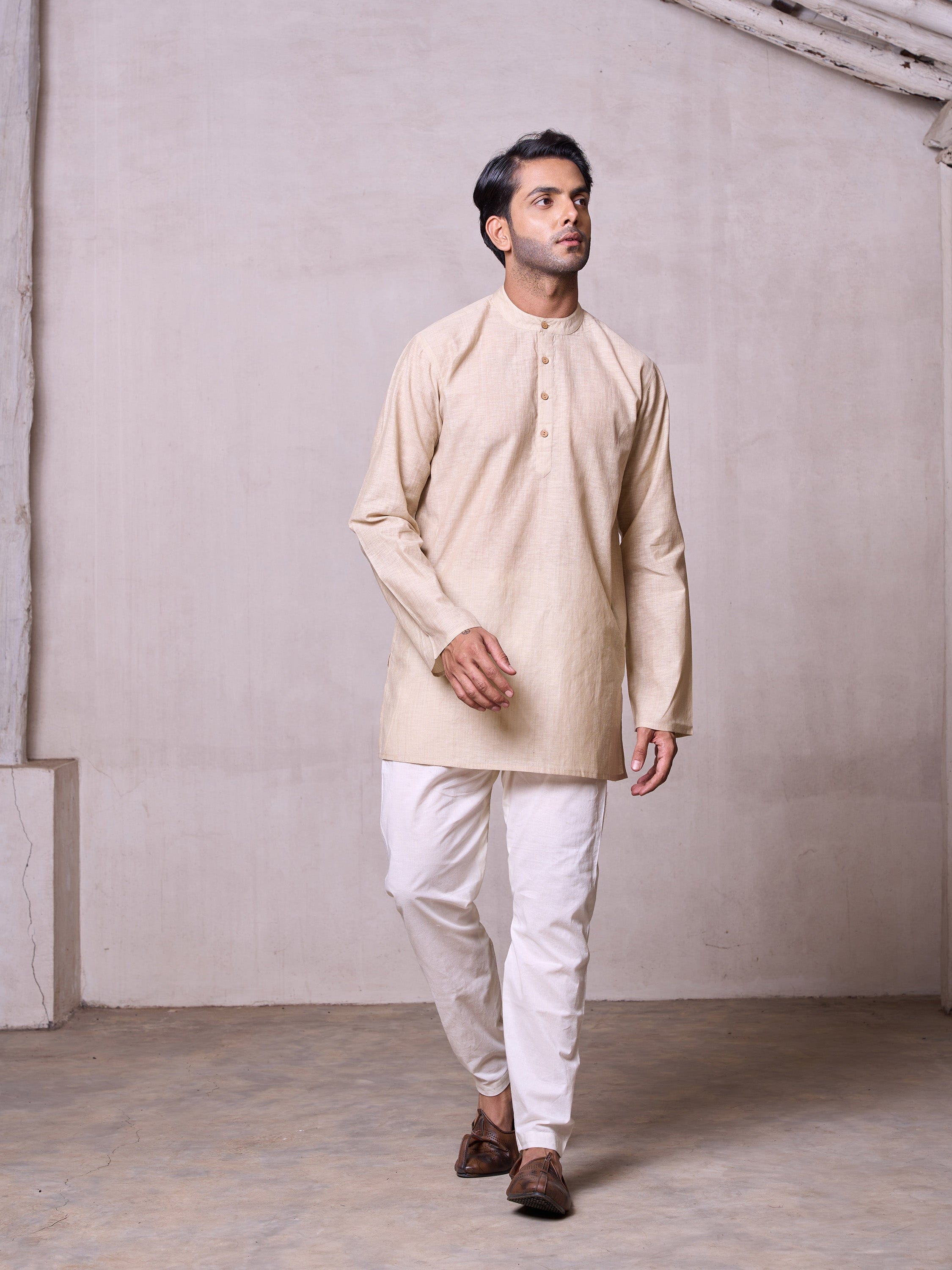 Plain Short Stitched Kurta Men's Stitched Short Kurta Men's Khaki Silk Linen Short Kurta