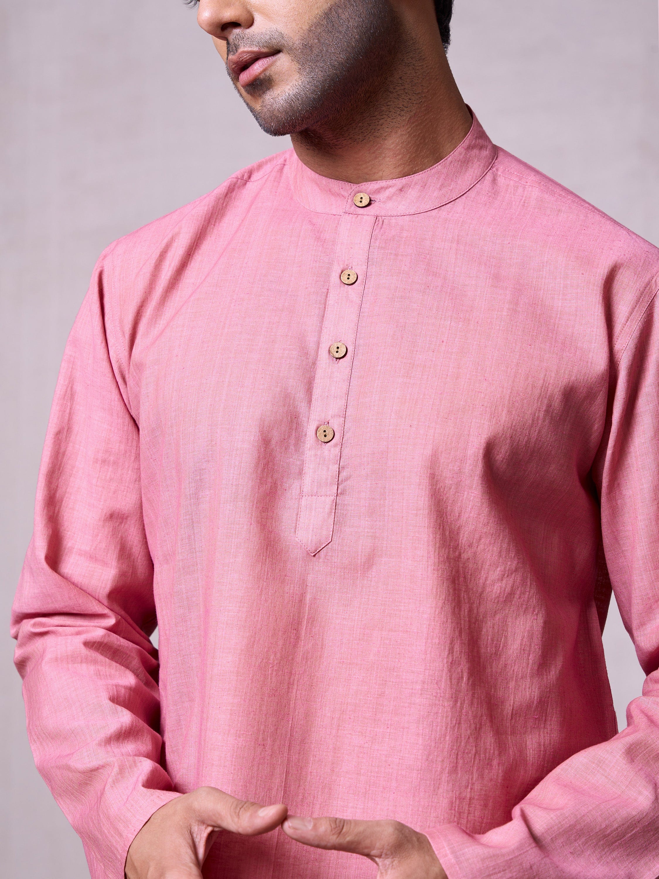Plain Short Stitched Kurta Men's Stitched Short Kurta Men's Pink Silk Linen Short Kurta