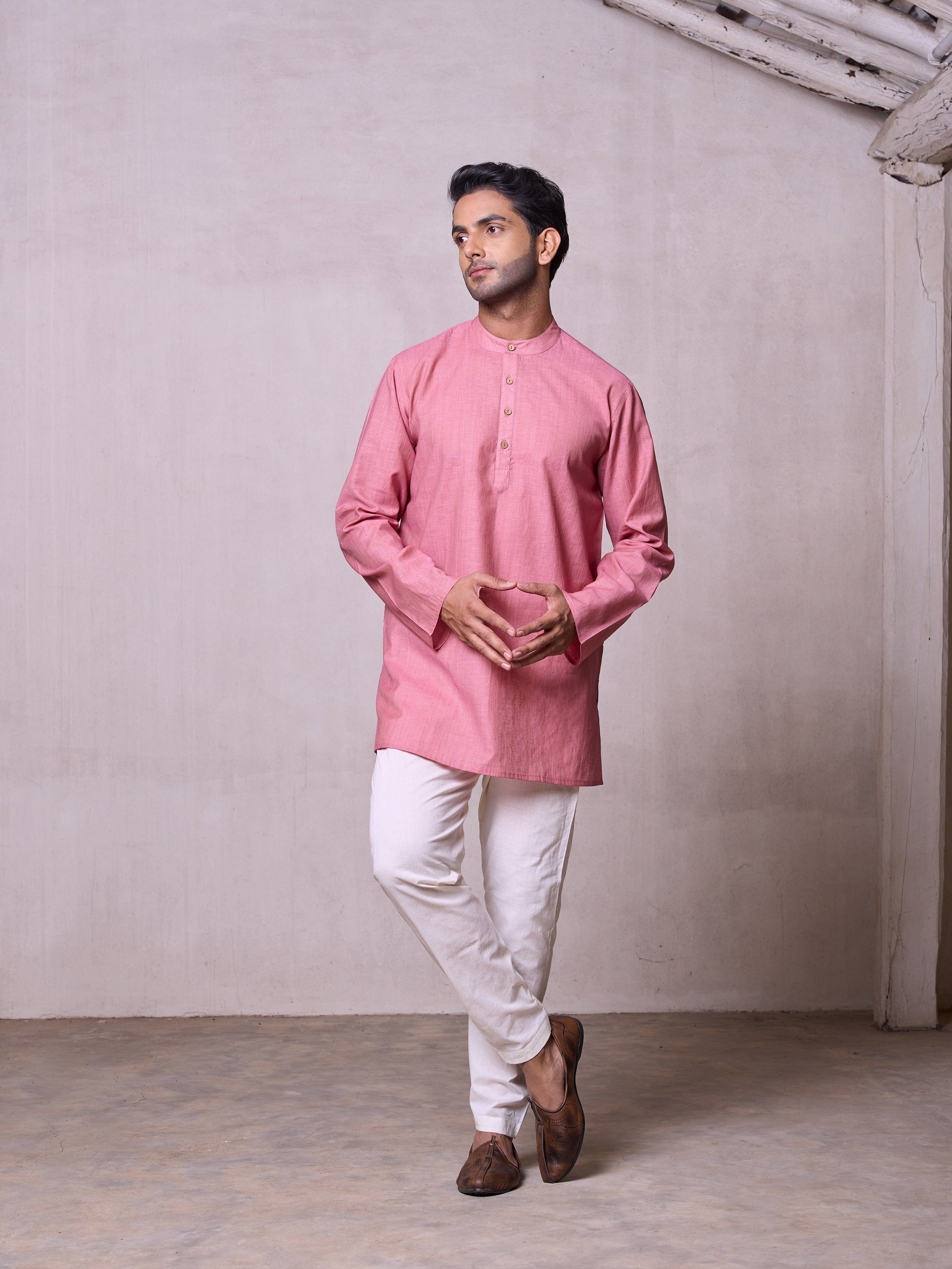 Plain Short Stitched Kurta Men's Stitched Short Kurta Men's Pink Silk Linen Short Kurta