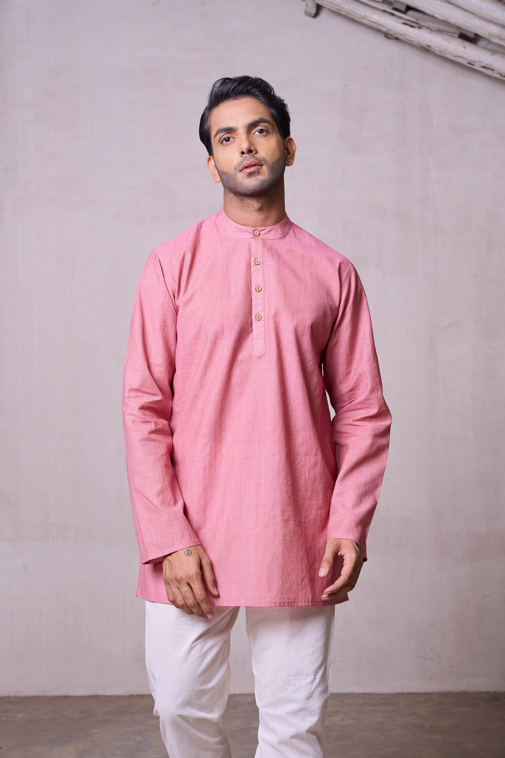 Plain Short Stitched Kurta Men's Stitched Short Kurta Men's Pink Silk Linen Short Kurta