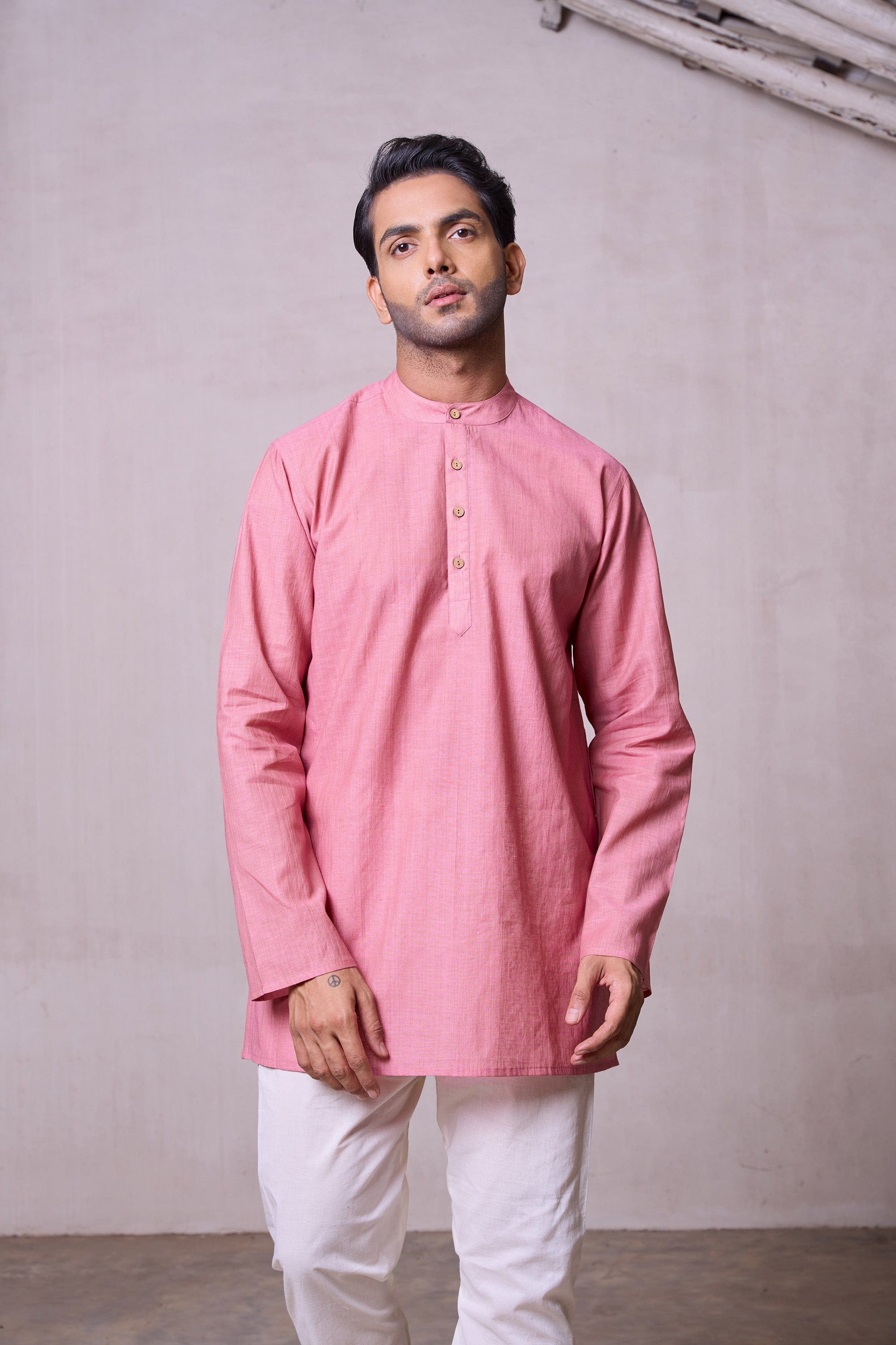 Plain Short Stitched Kurta Men's Stitched Short Kurta Men's Pink Silk Linen Short Kurta