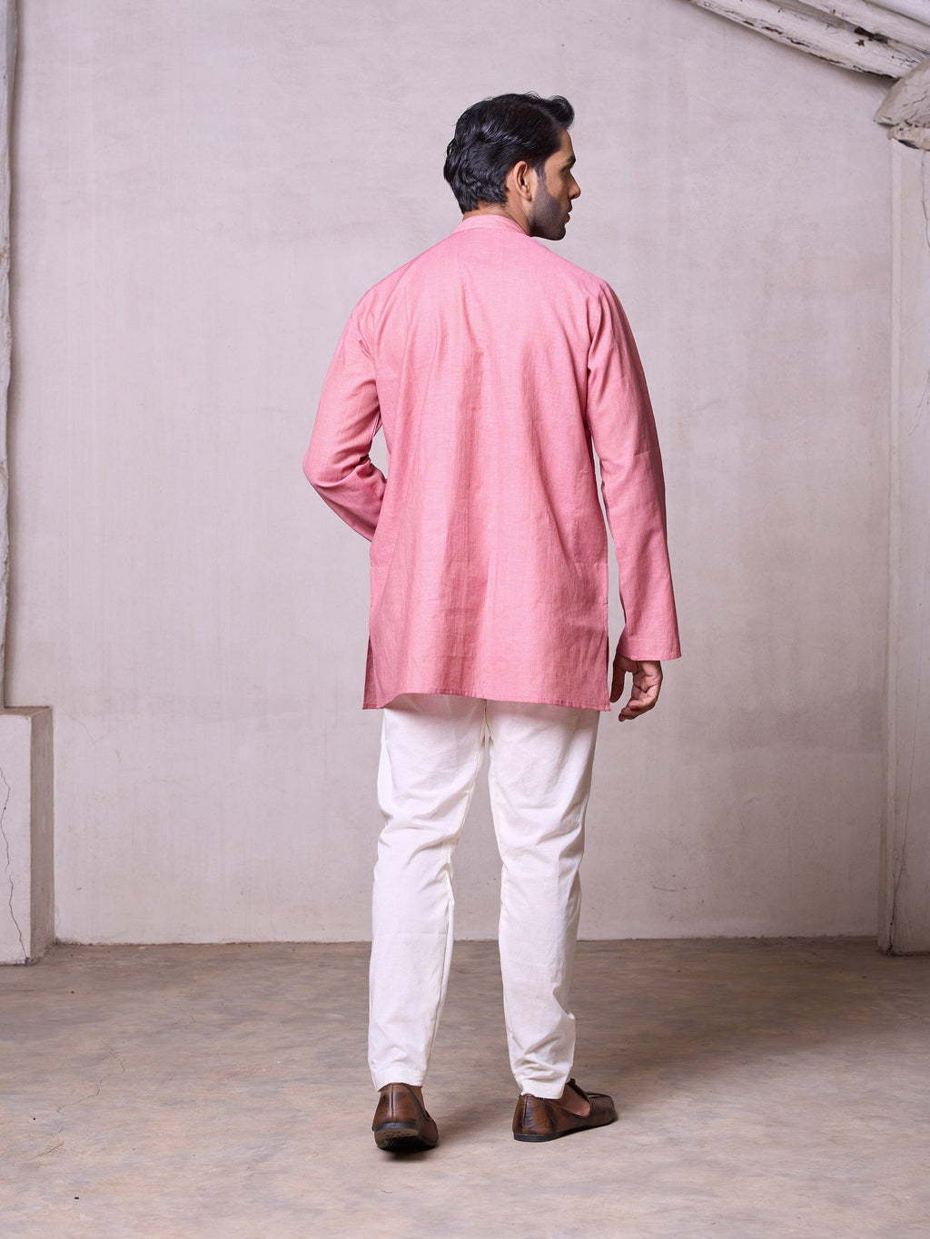 Plain Short Stitched Kurta Men's Stitched Short Kurta Men's Pink Silk Linen Short Kurta