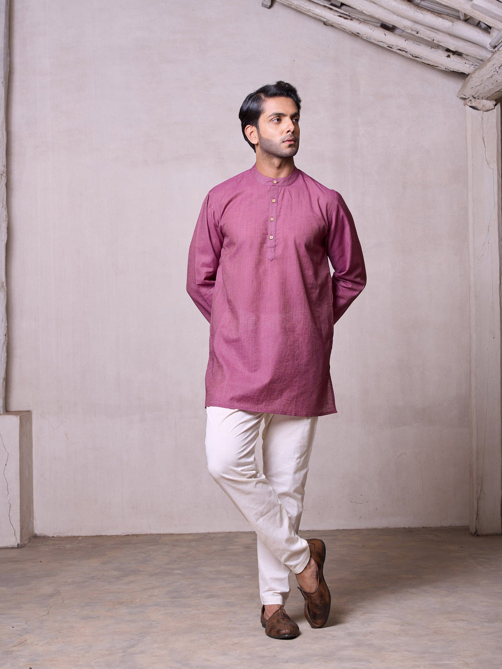 Plain Short Stitched Kurta Men's Stitched Short Kurta Men's Violet Silk Linen Short Kurta