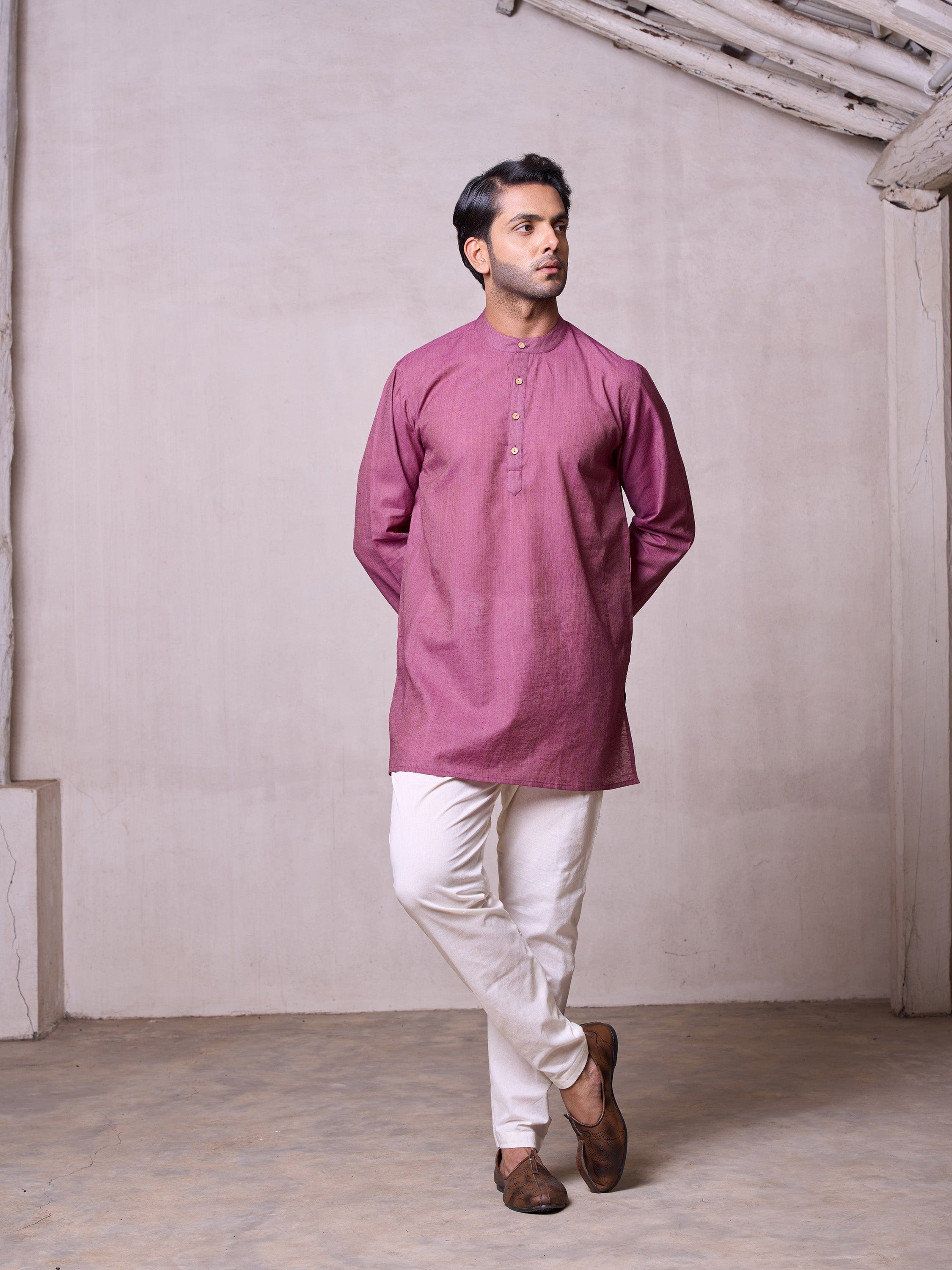 Plain Short Stitched Kurta Men's Stitched Short Kurta Men's Violet Silk Linen Short Kurta