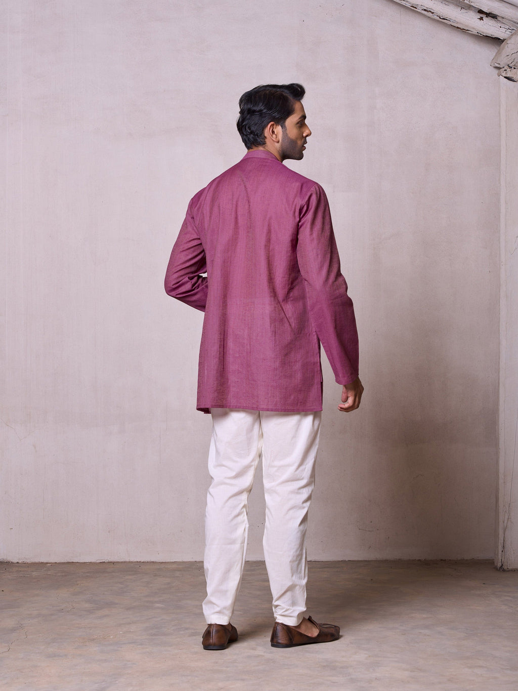 Plain Short Stitched Kurta Men's Stitched Short Kurta Men's Violet Silk Linen Short Kurta