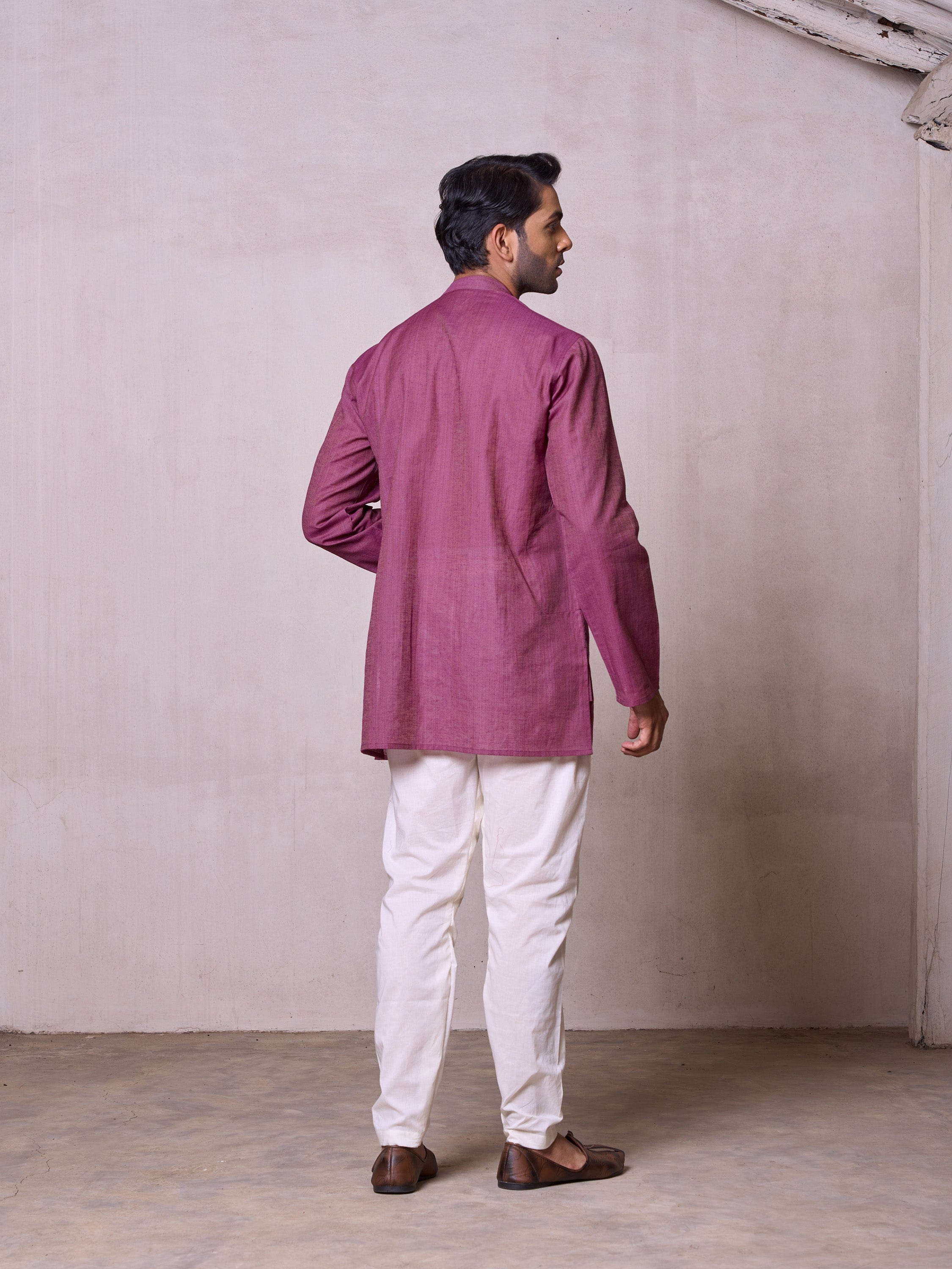 Plain Short Stitched Kurta Men's Stitched Short Kurta Men's Violet Silk Linen Short Kurta