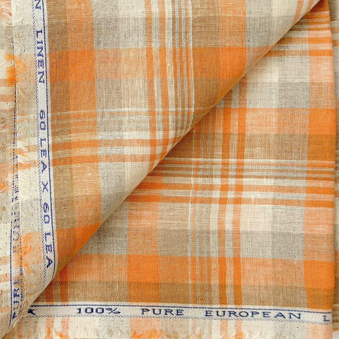 Premium Linen Fabric Fabric Light Orange & Cream Checks Woven Premium 60 Lea Pure Linen Fabric (Width 58 Inches)