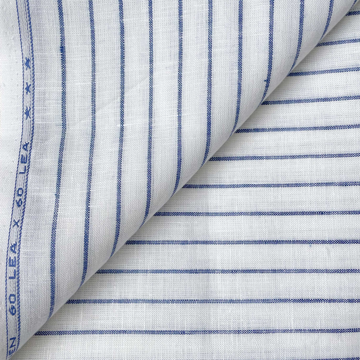 Premium Linen Fabric Fabric Pure White & Blue Thick Stripes Premium 60 Lea Pure Linen Fabric (Width 58 Inches)