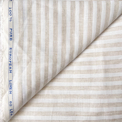 Premium Linen Fabric Fabric Tuscan Beige & White Thick Stripes Premium 60 Lea Pure Linen Fabric (Width 58 Inches)