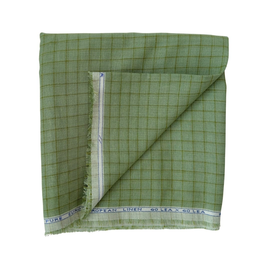 Premium Linen Stripes & Checks Cut Piece (CUT PIECE) Fern Green Small Checks Woven Premium 60 Lea Pure Linen Fabric (Width 58 Inches)