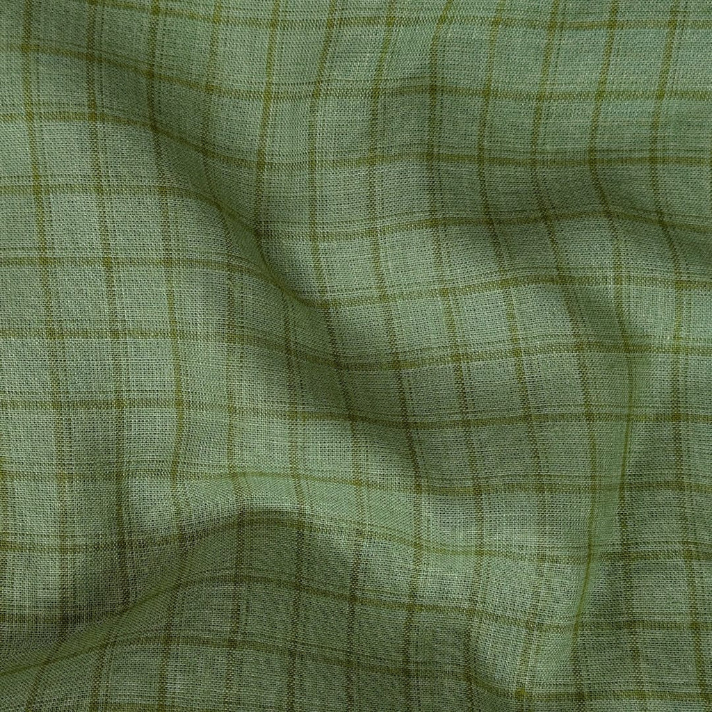 Premium Linen Stripes & Checks Cut Piece (CUT PIECE) Fern Green Small Checks Woven Premium 60 Lea Pure Linen Fabric (Width 58 Inches)