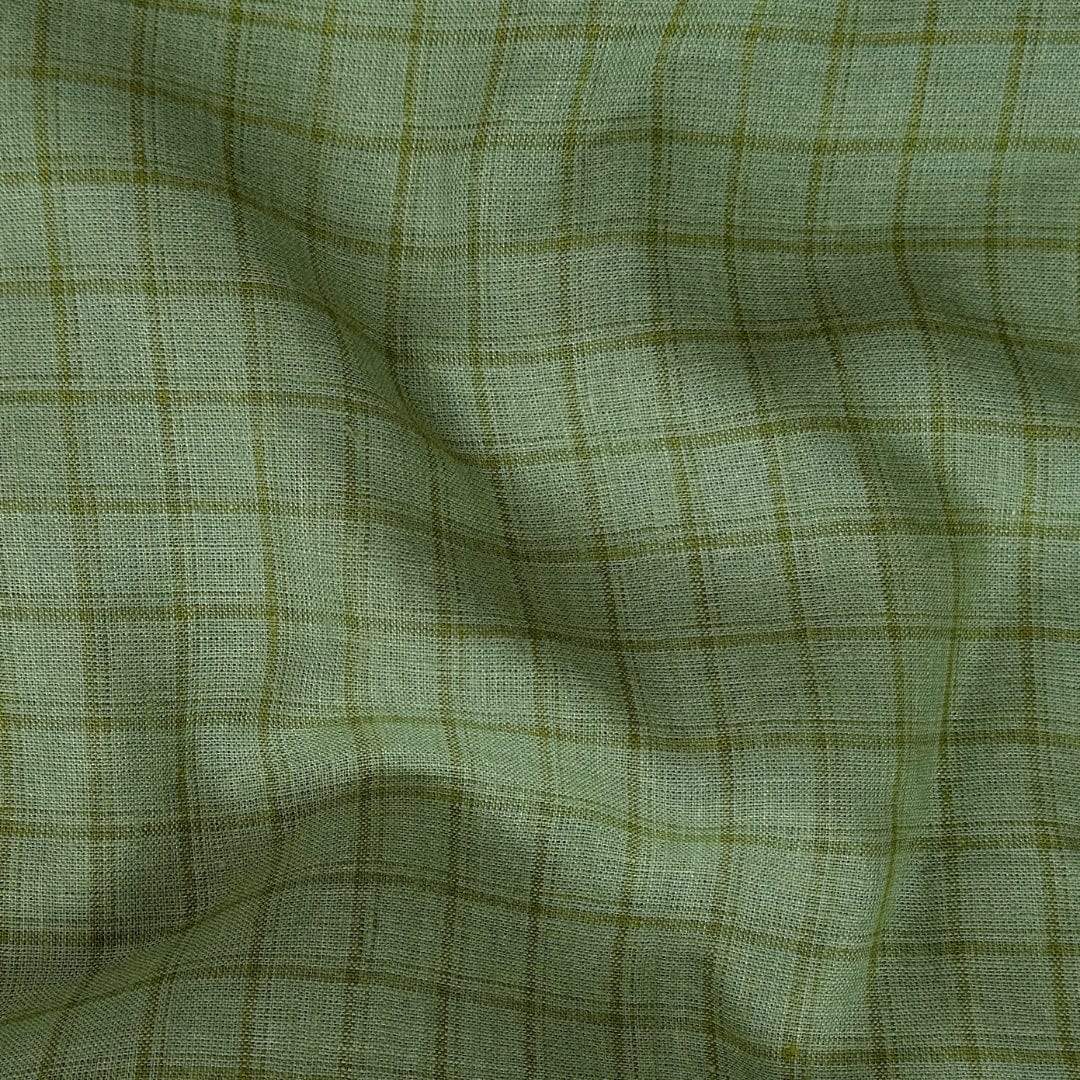 Premium Linen Stripes & Checks Cut Piece (CUT PIECE) Fern Green Small Checks Woven Premium 60 Lea Pure Linen Fabric (Width 58 Inches)