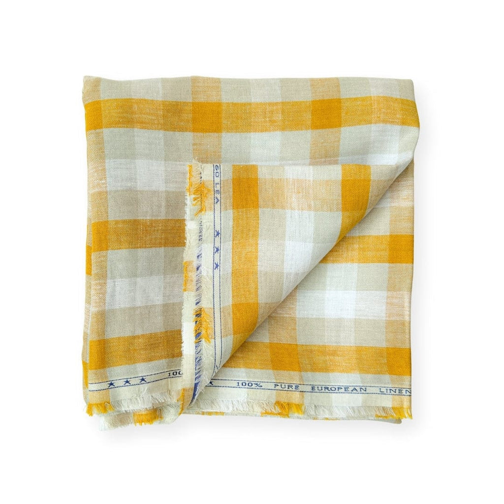 Premium Linen Stripes & Checks Cut Piece (CUT PIECE) Mustard Yellow & Grey Checks Woven Premium 60 Lea Pure Linen Fabric (Width 58 Inches)