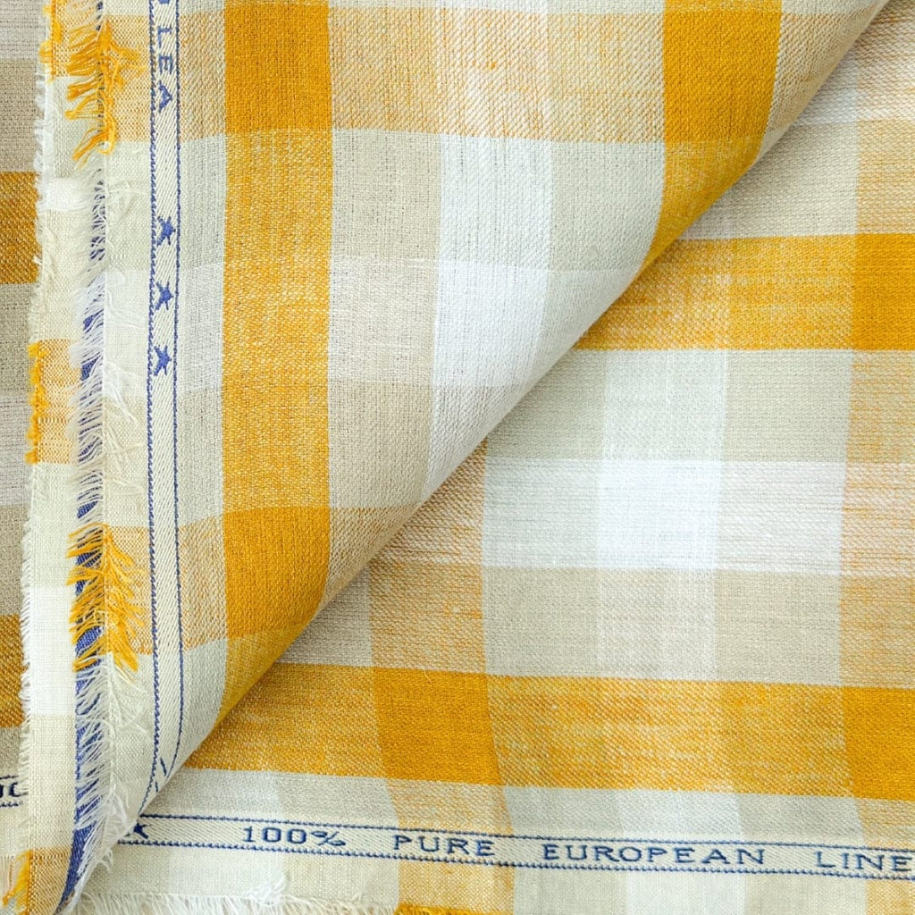 Premium Linen Stripes & Checks Cut Piece (CUT PIECE) Mustard Yellow & Grey Checks Woven Premium 60 Lea Pure Linen Fabric (Width 58 Inches)