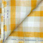 Premium Linen Stripes & Checks Cut Piece (CUT PIECE) Mustard Yellow & Grey Checks Woven Premium 60 Lea Pure Linen Fabric (Width 58 Inches)