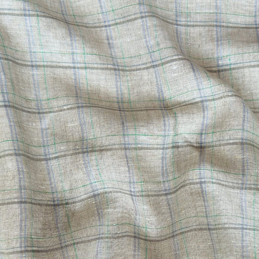 Premium Linen Stripes & Checks Cut Piece (CUT PIECE) Natural Grey & Blue Big Checks Woven Premium 60 Lea Pure Linen Fabric (Width 58 Inches)