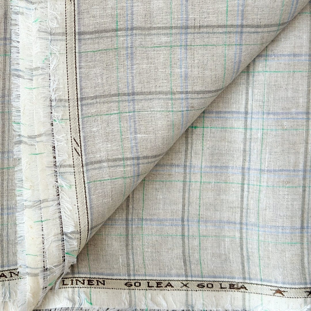 Premium Linen Stripes & Checks Cut Piece (CUT PIECE) Natural Grey & Blue Big Checks Woven Premium 60 Lea Pure Linen Fabric (Width 58 Inches)