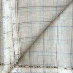 Premium Linen Stripes & Checks Cut Piece (CUT PIECE) Natural Grey & Blue Big Checks Woven Premium 60 Lea Pure Linen Fabric (Width 58 Inches)