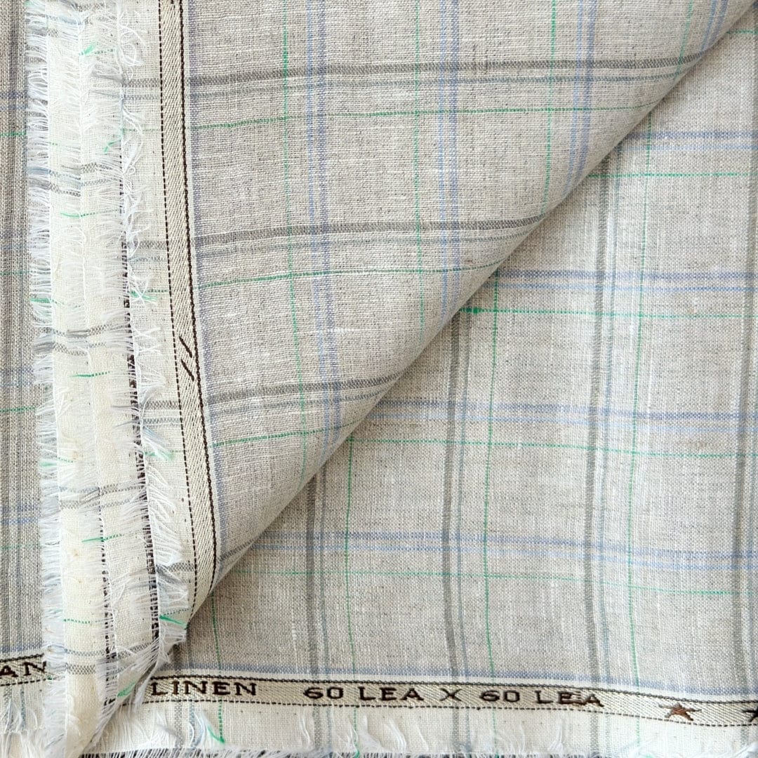 Premium Linen Stripes & Checks Cut Piece (CUT PIECE) Natural Grey & Blue Big Checks Woven Premium 60 Lea Pure Linen Fabric (Width 58 Inches)