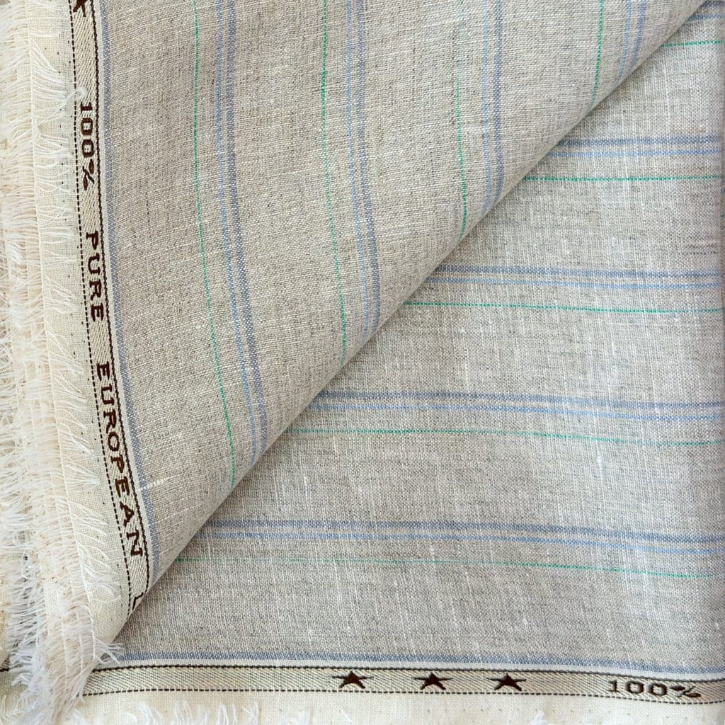 Premium Linen Stripes & Checks Cut Piece (CUT PIECE) Natural Grey & Blue Stripes Woven Premium 60 Lea Pure Linen Fabric (Width 58 Inches)
