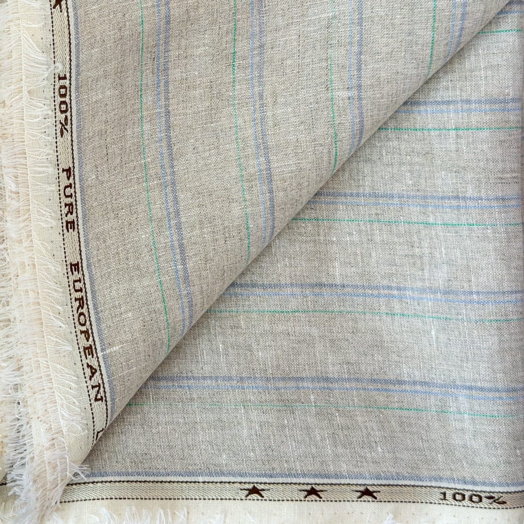 Premium Linen Stripes & Checks Cut Piece (CUT PIECE) Natural Grey & Blue Stripes Woven Premium 60 Lea Pure Linen Fabric (Width 58 Inches)