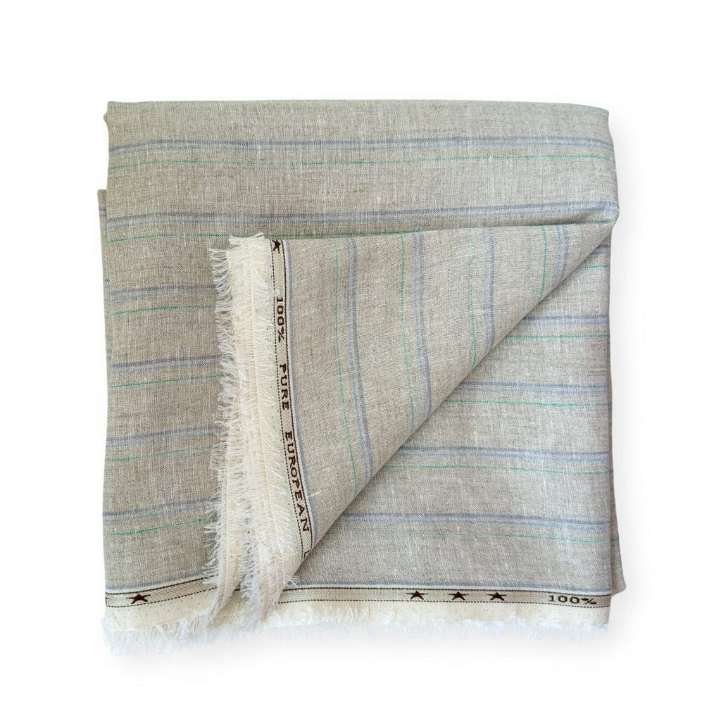 Premium Linen Stripes & Checks Cut Piece (CUT PIECE) Natural Grey & Blue Stripes Woven Premium 60 Lea Pure Linen Fabric (Width 58 Inches)