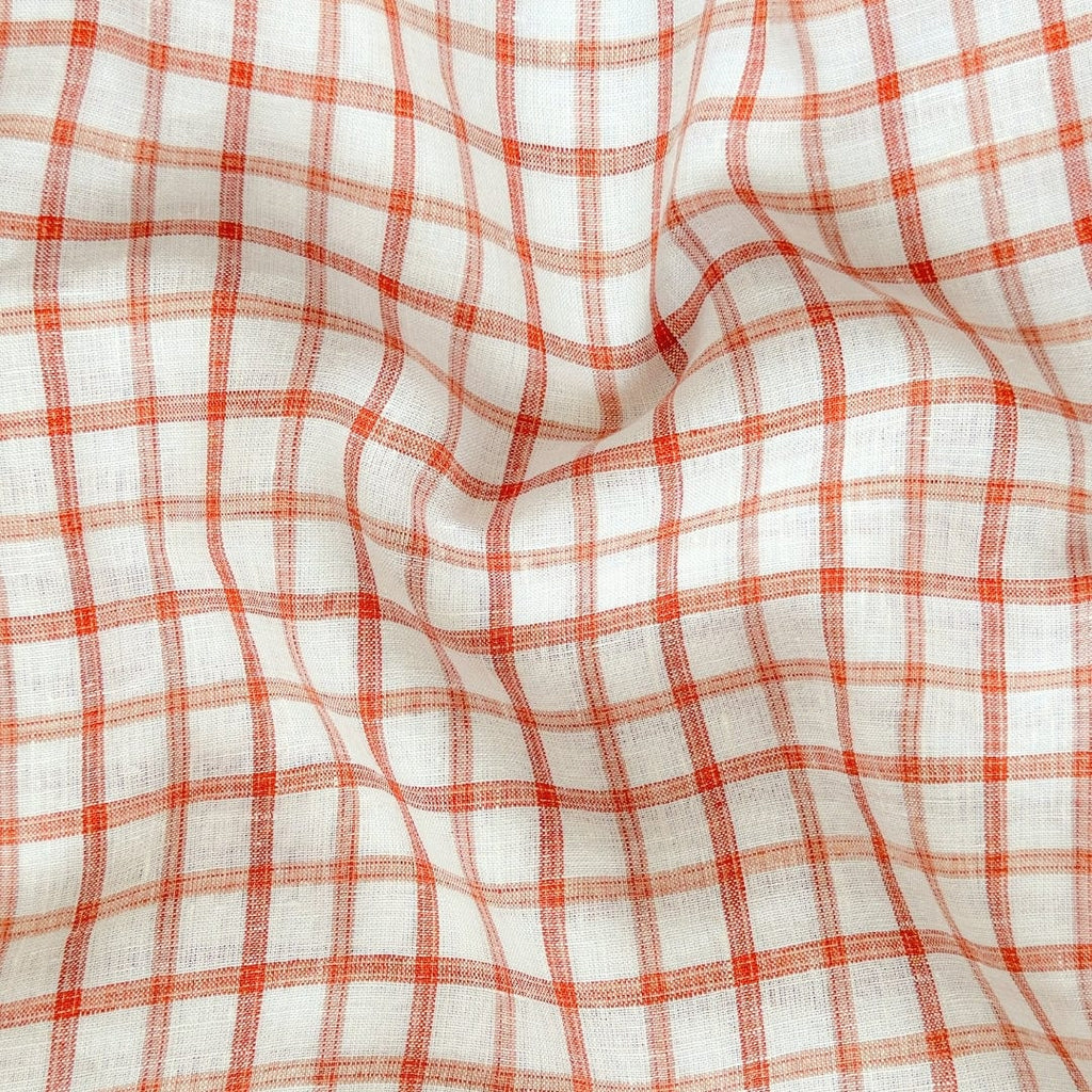 Premium Linen Stripes & Checks Cut Piece (CUT PIECE) Off-White & Rust Checks Woven Premium 60 Lea Pure Linen Fabric (Width 58 Inches)