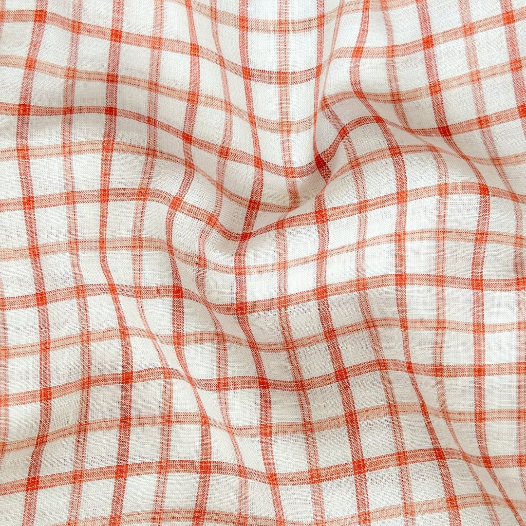 Premium Linen Stripes & Checks Cut Piece (CUT PIECE) Off-White & Rust Checks Woven Premium 60 Lea Pure Linen Fabric (Width 58 Inches)