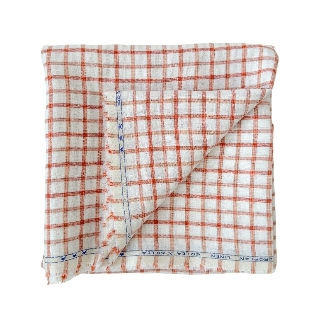 Premium Linen Stripes & Checks Cut Piece (CUT PIECE) Off-White & Rust Checks Woven Premium 60 Lea Pure Linen Fabric (Width 58 Inches)