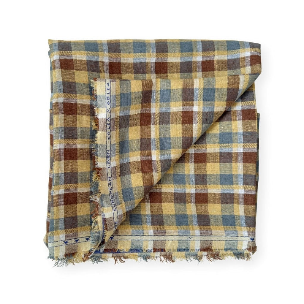 Premium Linen Stripes & Checks Cut Piece (CUT PIECE) Sandstone Colors Small Checks Woven Premium 60 Lea Pure Linen Fabric (Width 58 Inches)