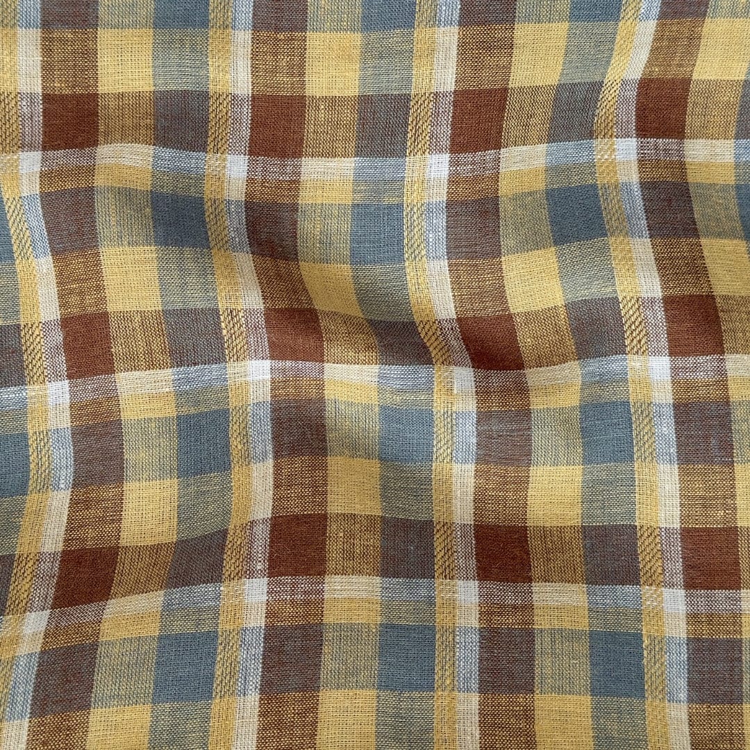 Premium Linen Stripes & Checks Cut Piece (CUT PIECE) Sandstone Colors Small Checks Woven Premium 60 Lea Pure Linen Fabric (Width 58 Inches)