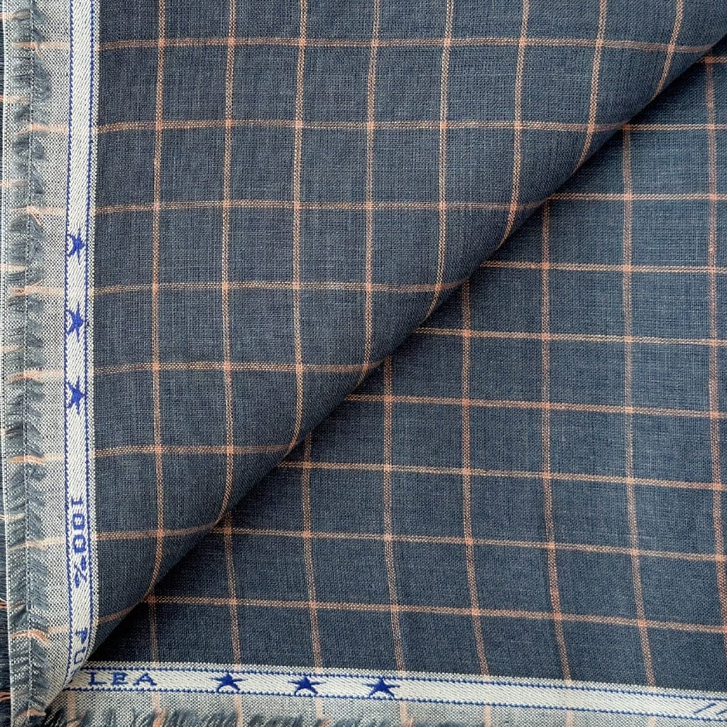 Premium Linen Stripes & Checks Cut Piece (CUT PIECE) Slate Gray & Peach Small Checks Woven Premium 60 Lea Pure Linen Fabric (Width 58 Inches)