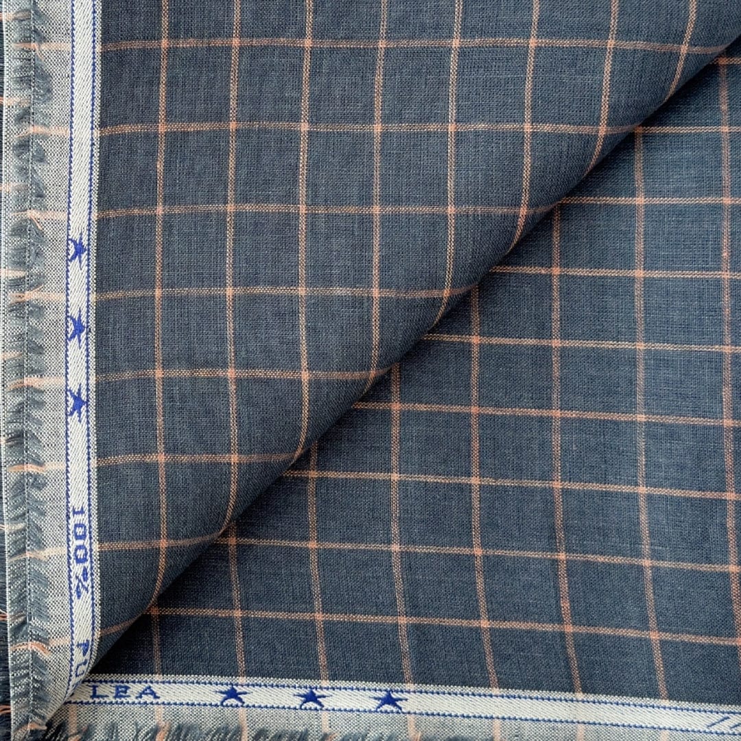 Premium Linen Stripes & Checks Cut Piece (CUT PIECE) Slate Gray & Peach Small Checks Woven Premium 60 Lea Pure Linen Fabric (Width 58 Inches)