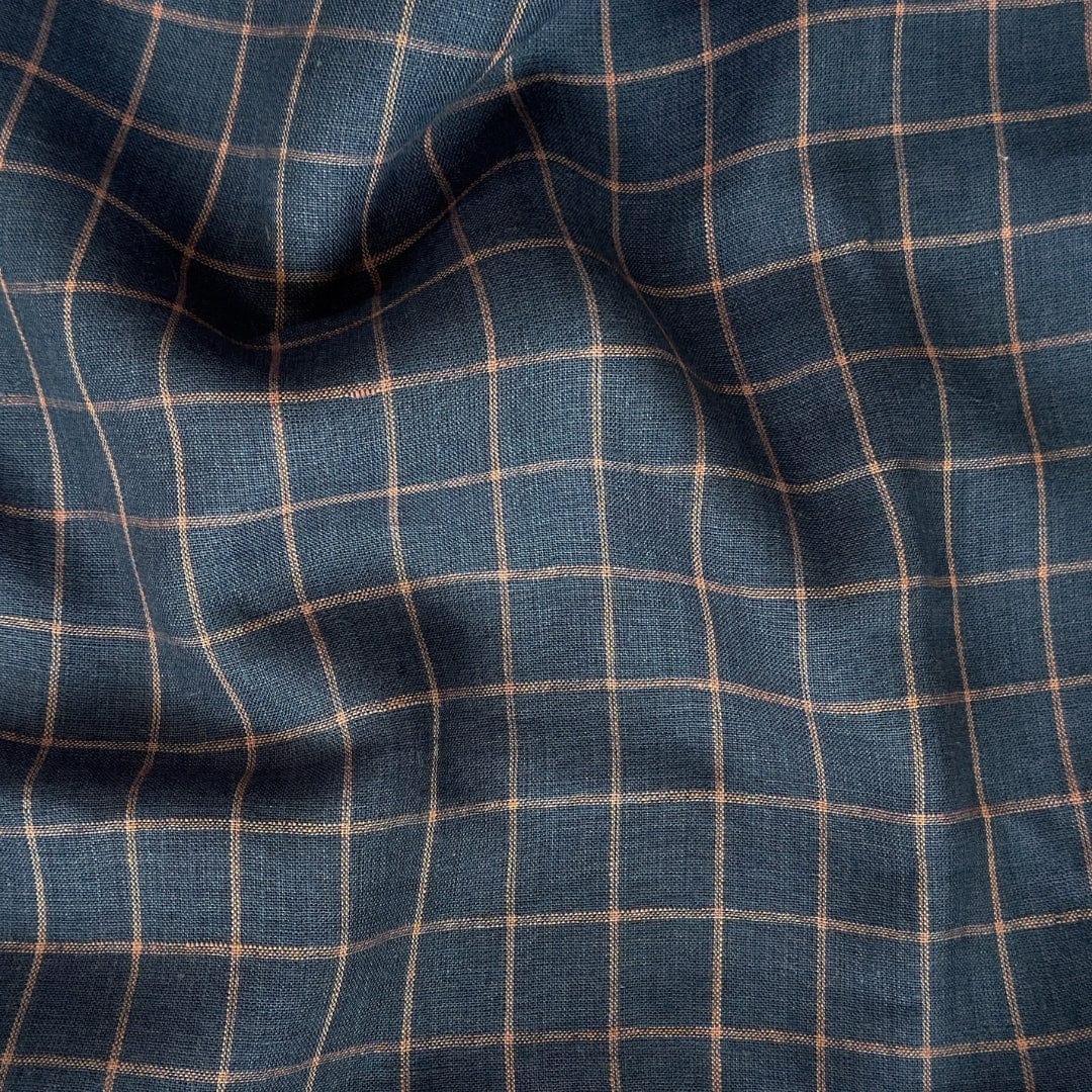 Premium Linen Stripes & Checks Cut Piece (CUT PIECE) Slate Gray & Peach Small Checks Woven Premium 60 Lea Pure Linen Fabric (Width 58 Inches)
