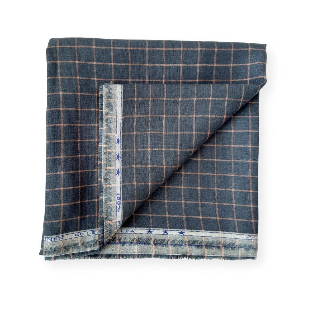 Premium Linen Stripes & Checks Cut Piece (CUT PIECE) Slate Gray & Peach Small Checks Woven Premium 60 Lea Pure Linen Fabric (Width 58 Inches)