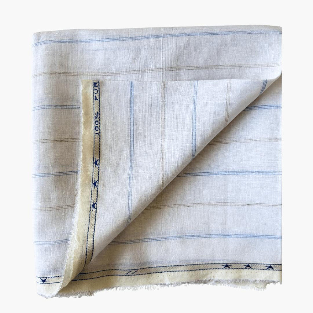 Premium Linen Stripes & Checks Cut Piece Pure White & Blue-Brown Linen Cut Piece