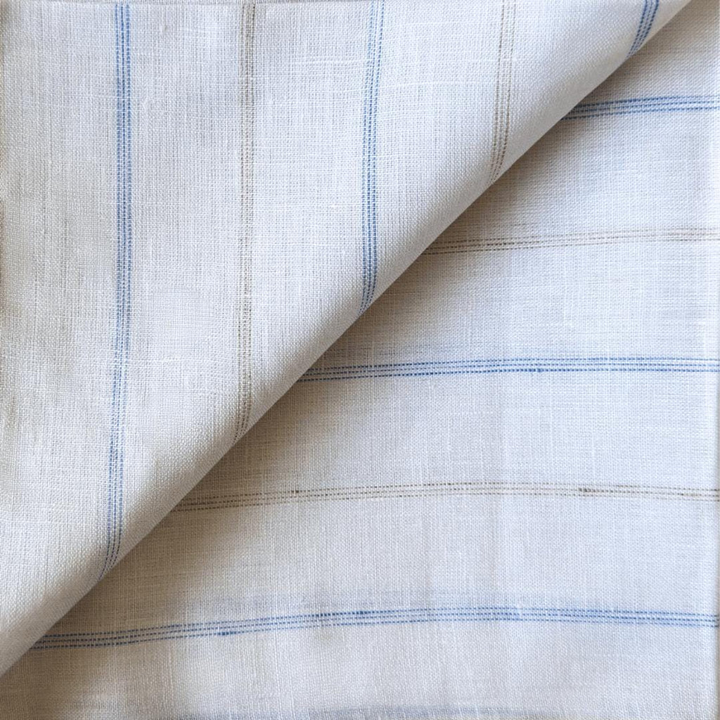 Premium Linen Stripes & Checks Cut Piece Pure White & Blue-Brown Linen Cut Piece