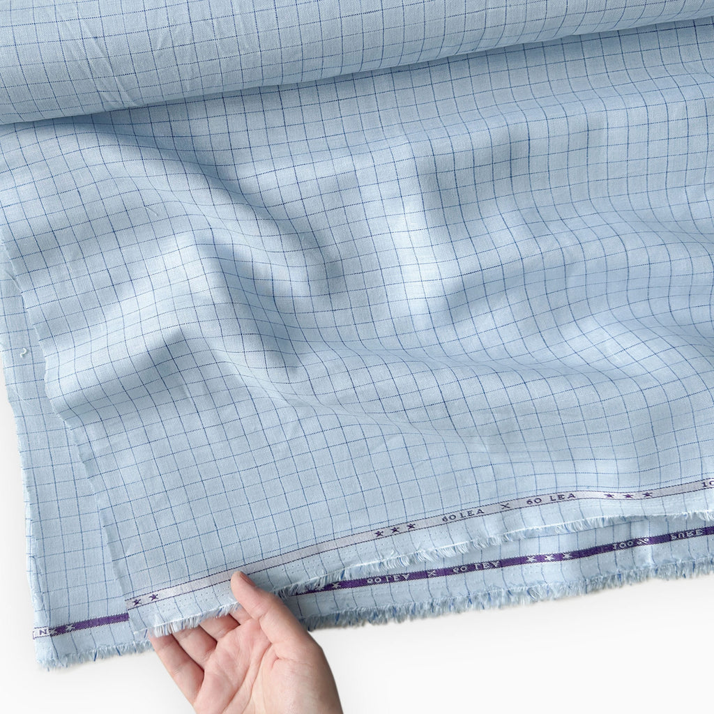 Premium Linen Stripes & Checks Fabric Baby Blue & Dark Blue Checks 60 LEA Linen Fabric