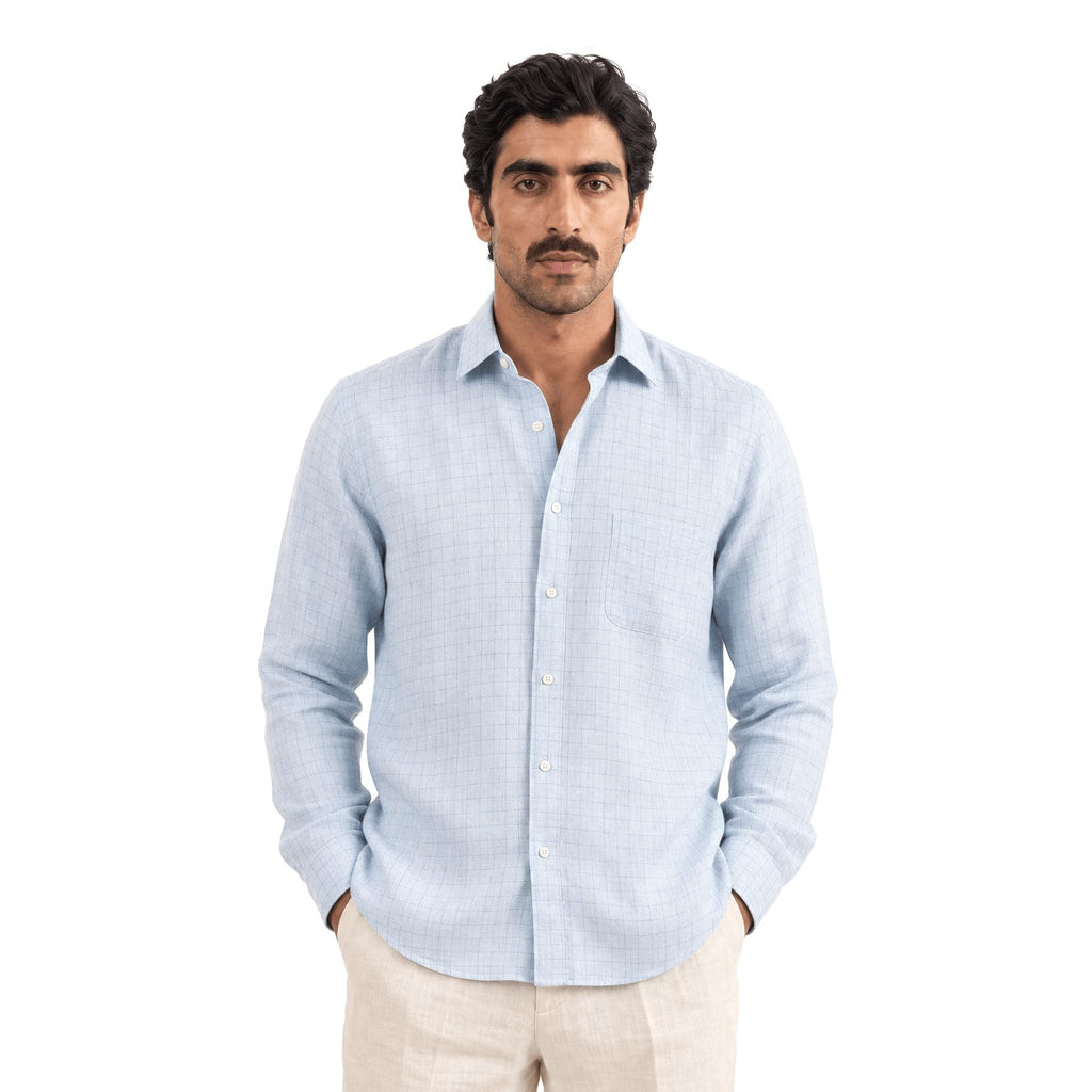 Premium Linen Stripes & Checks Fabric Baby Blue & Dark Blue Checks 60 LEA Linen Fabric