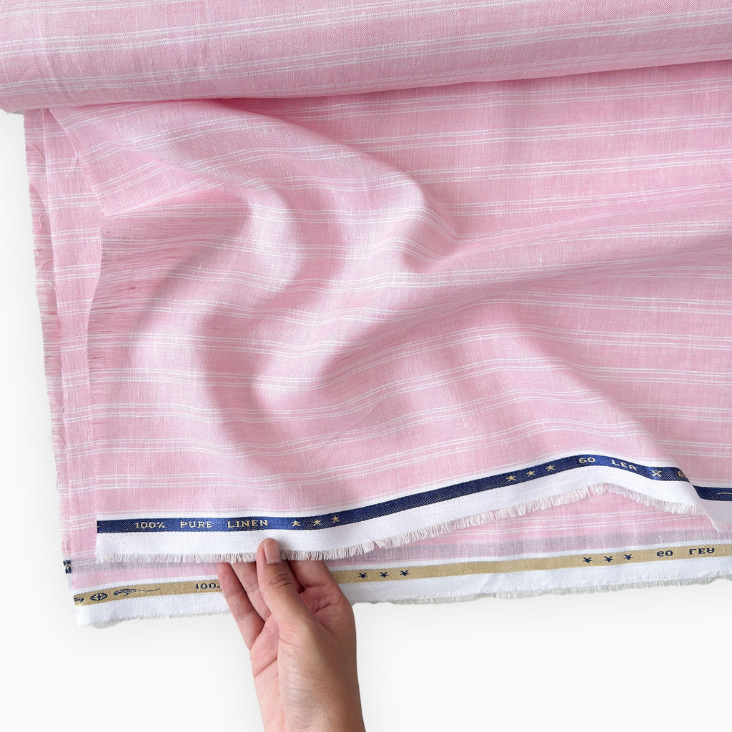 Premium Linen Stripes & Checks Fabric Candy Pink & White Stripes 60 LEA Linen Fabric