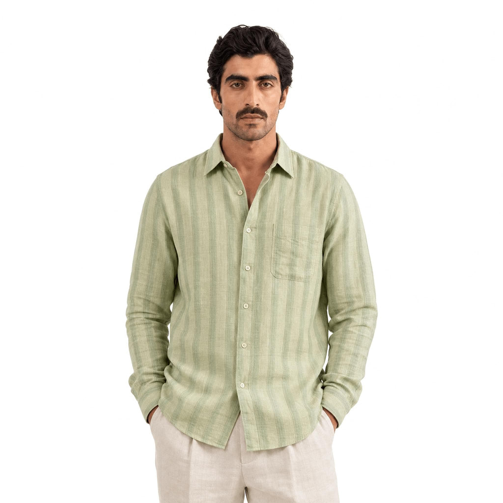 Premium Linen Stripes & Checks Fabric Dusty Green & Grey Stripes 60 LEA Linen Fabric