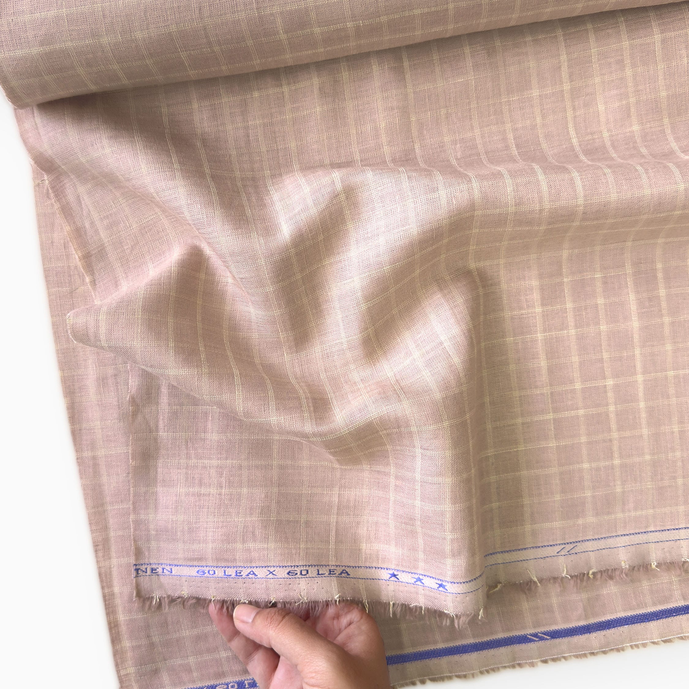Premium Linen Stripes & Checks Fabric Dusty Rose & Beige Checks 60 LEA Linen Fabric