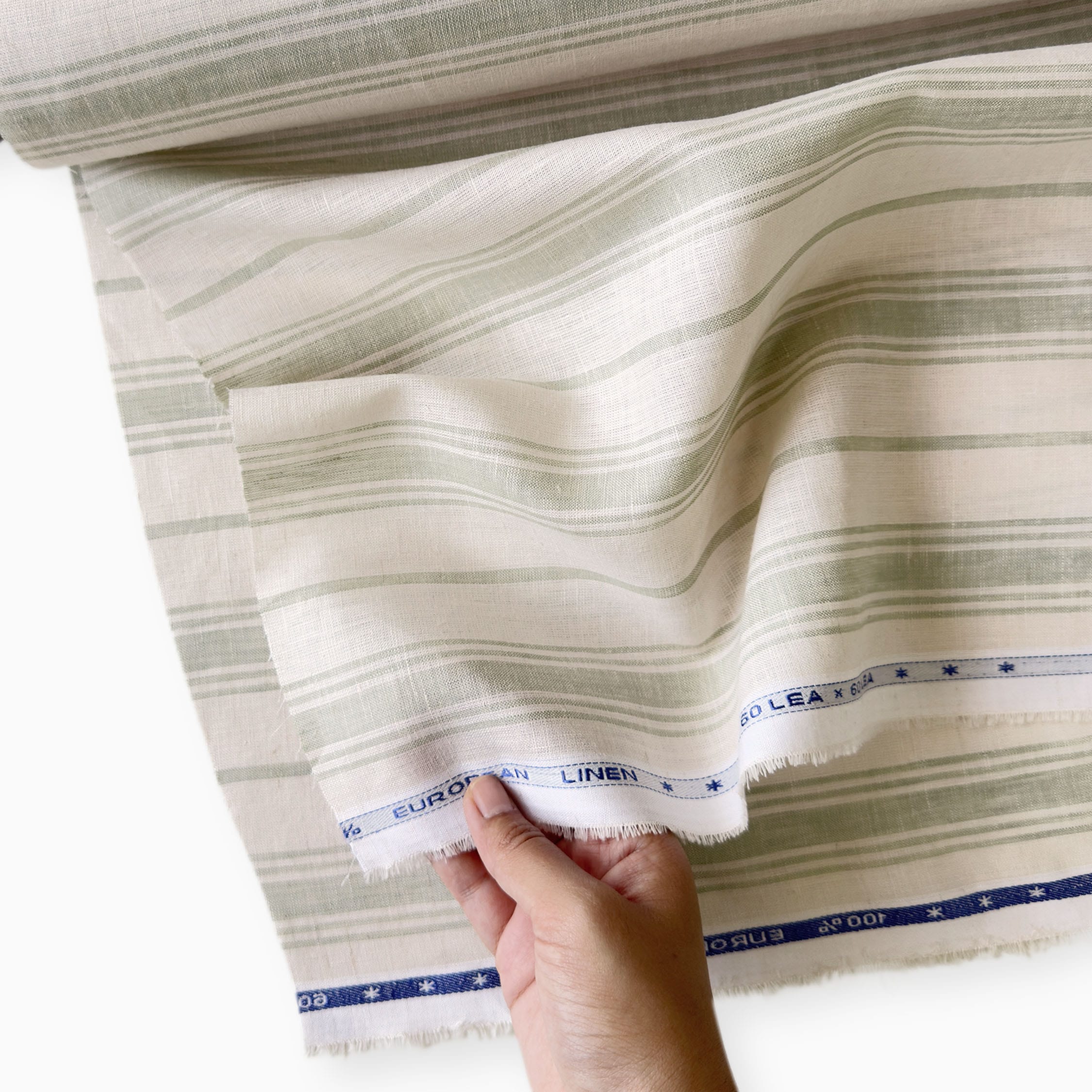 Premium Linen Stripes & Checks Fabric Light Beige & Tea Green Stripes 60 LEA Linen Fabric