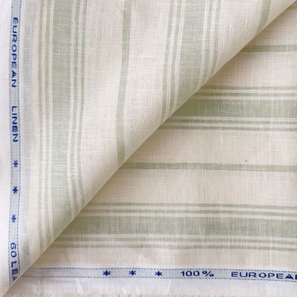 Premium Linen Stripes & Checks Fabric Light Beige & Tea Green Stripes 60 LEA Linen Fabric