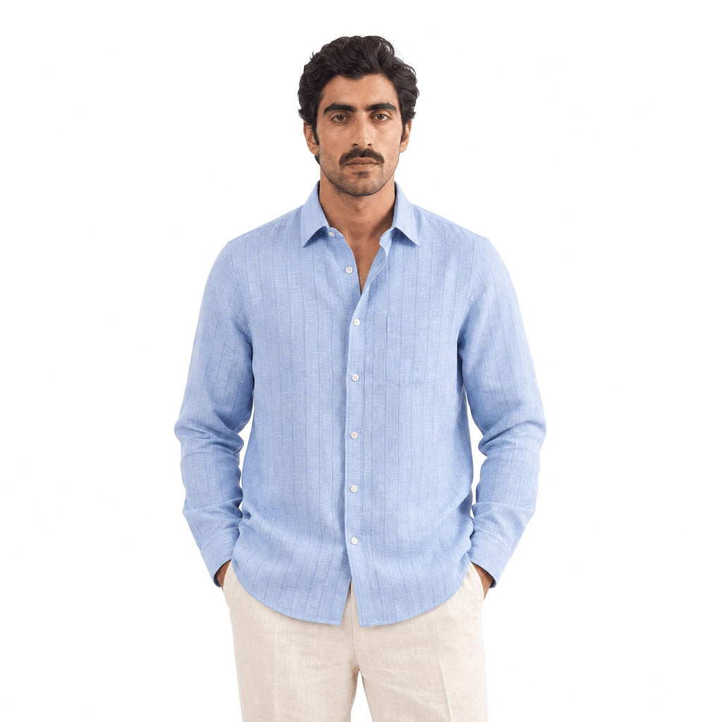 Premium Linen Stripes & Checks Fabric Light Denim & Blue Stripes 60 LEA Linen Fabric
