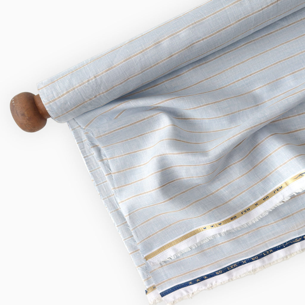 Premium Linen Stripes & Checks Fabric Light Denim & Brown Stripes 60 LEA Linen Fabric