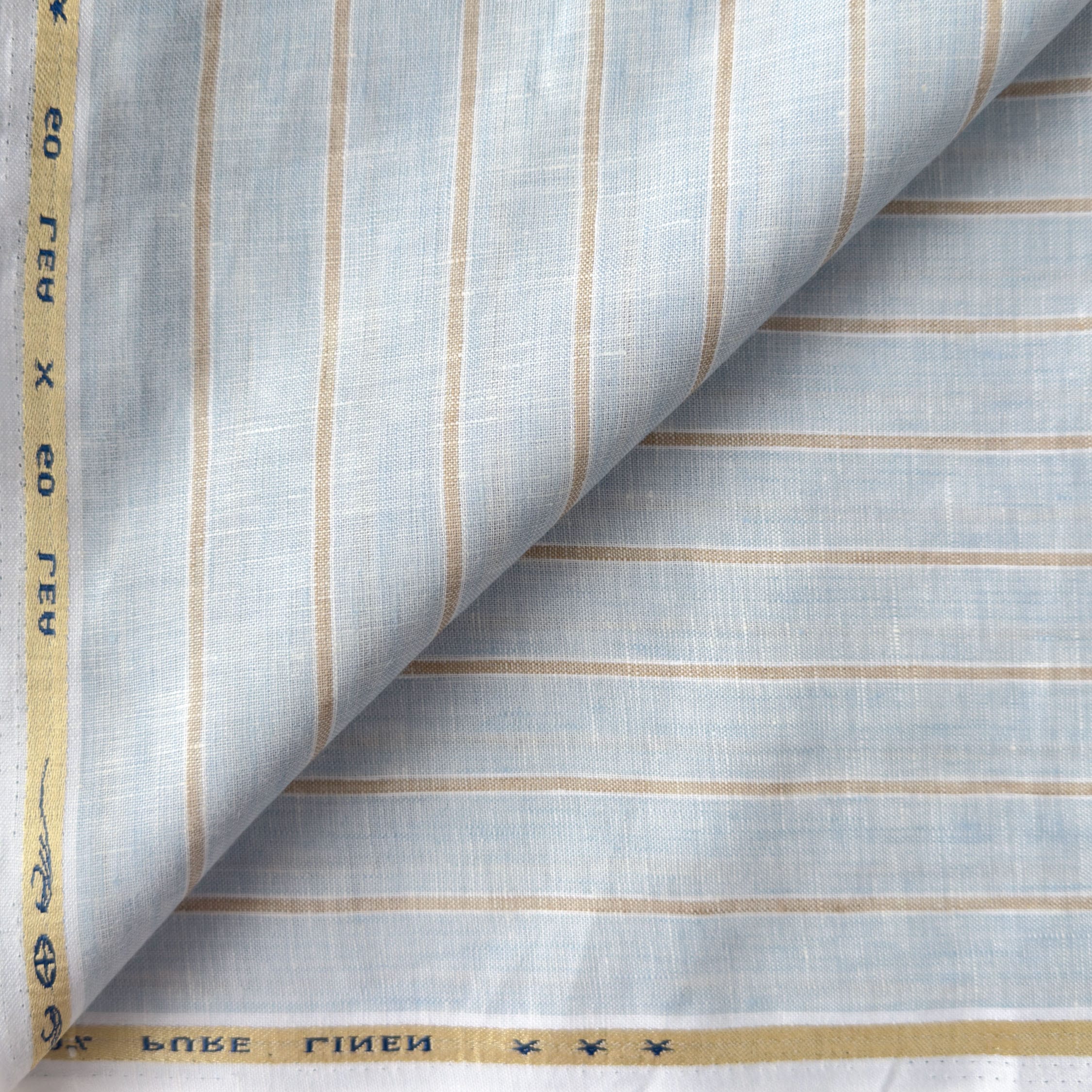 Premium Linen Stripes & Checks Fabric Light Denim & Brown Stripes 60 LEA Linen Fabric