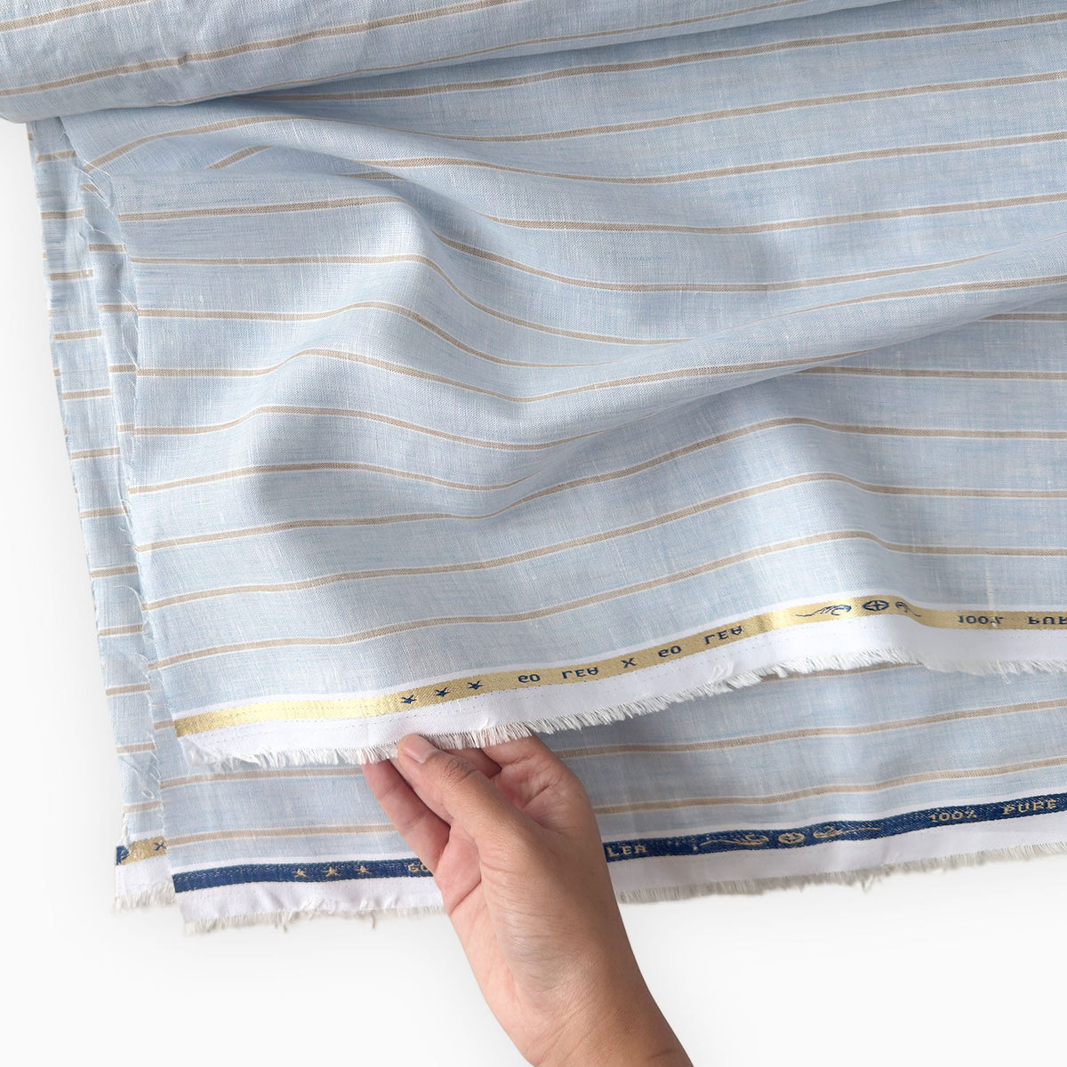 Premium Linen Stripes & Checks Fabric Light Denim & Brown Stripes 60 LEA Linen Fabric